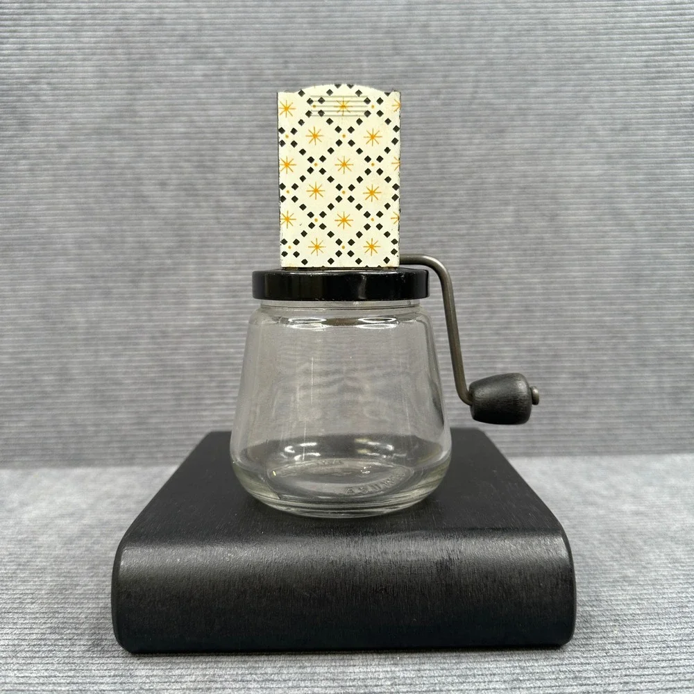Vintage Androck Nut Meat Chopper Glass Jar Atomic‎ Starburst Pattern Made in USA